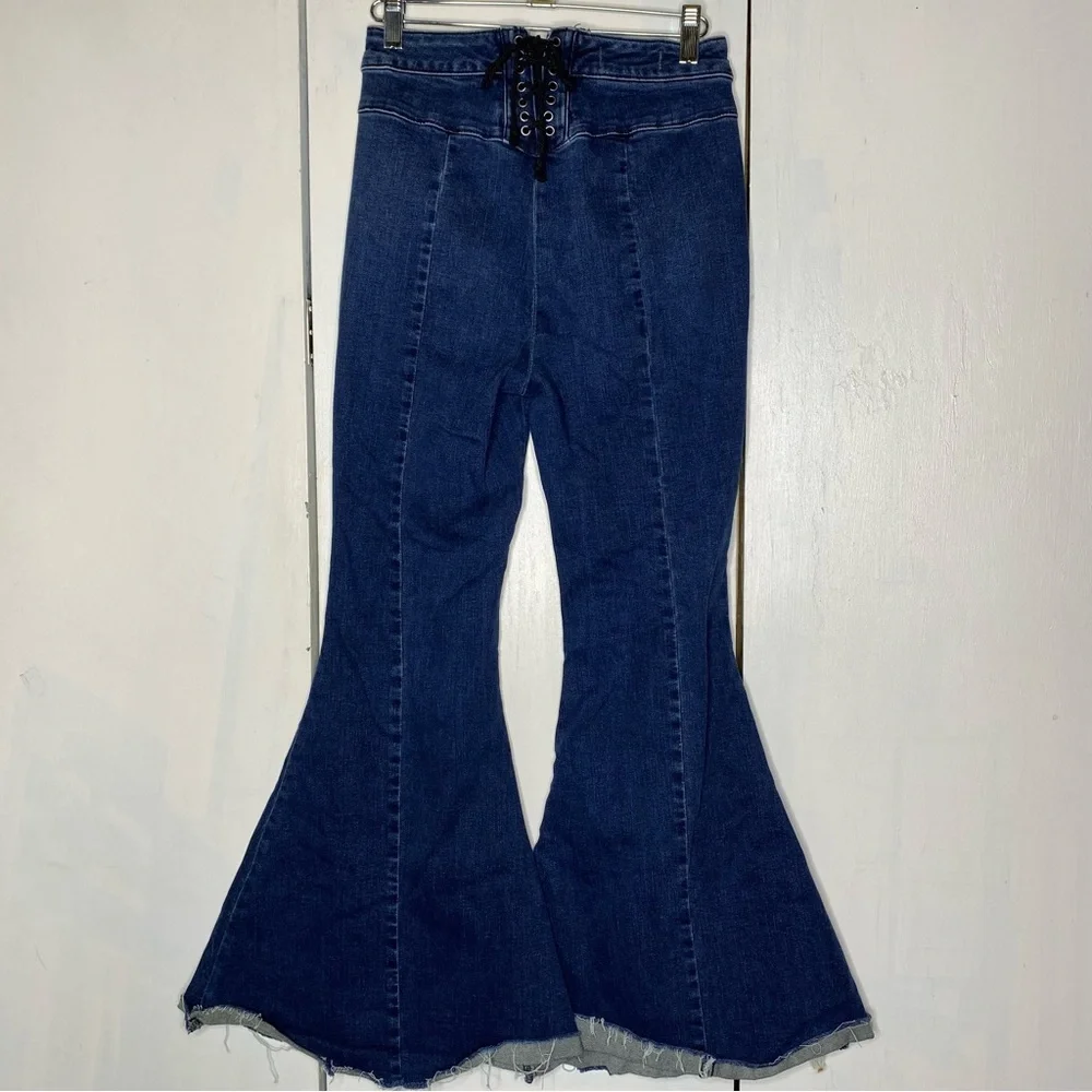 Free People CRVY Ma Cherie lace up Dark Blue High-Waist Flare Jeans